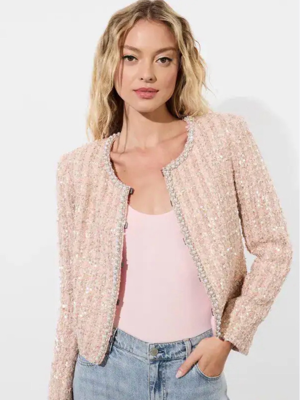 Alice + Olivia Kidman Embelished Pearl Tweed Jacket Size L